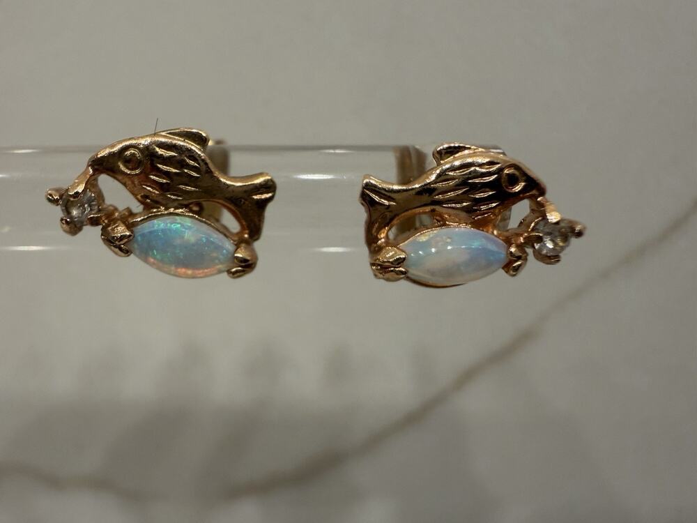 Australian Opal Fish Stud Earrings Gold Tone Clear Crystal Vintage Jewelry